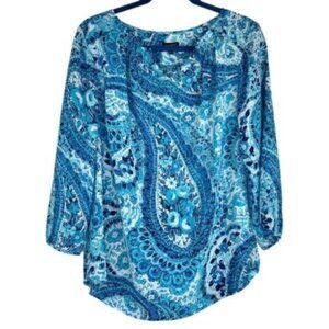 Talbots Blue Paisley Boho Blouse 3/4 Sleeves